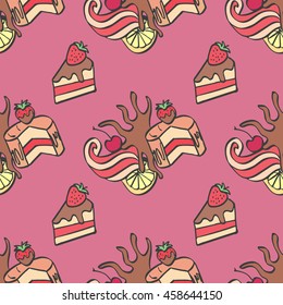 Seamless colorful doodle cake pattern.