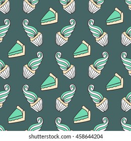 Seamless colorful doodle cake pattern.