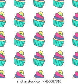Seamless colorful doodle cake pattern.