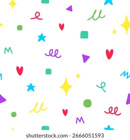 Seamless Colorful Doodle Pattern with Fun Elements on White Background for Kids and Party Design, Illustration vector 10 eps.