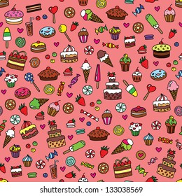 Seamless colorful doodle pattern with sweets