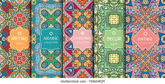 Seamless colorful doodle patterns for card, invitation, fabric or paper print. Stylish decorative vintage, retro, arabic, christmas label decor set. Art Deco style, abstract frame, vector illustration