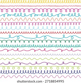 Linhas de rabiscos coloridas e perfeitas, conjunto de pincel padrão, para bordas, divisores e fundos, adicionando ritmo divertido e energia artesanal