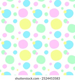 Patrón de puntos coloridos sin costuras. Patrón de repetición de lunares aislado sobre fondo blanco. Círculos de Doodle de forma redonda Vector ilustración gráfica de fondo.