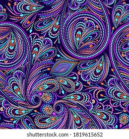 Seamless colorful dotted pattern with paisley. Mosaic ethnic ornament. Vector print. Use for wallpaper, pattern fills,textile design.	