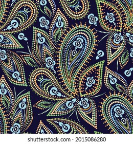 Seamless colorful dotted pattern with paisley. Traditional ethnic ornament. Vector print. Use for wallpaper, pattern fills,textile design.