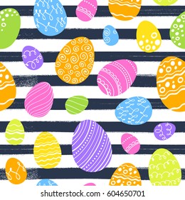 Seamless colorful easter eggs pattern with paint brush strokes. Holiday vector background.
