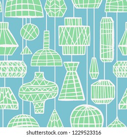 The seamless colorful eco pattern with wicker chandeliers. Hand drawn overlapping background for your design.Textile, blog decoration, banner, poster, wrapping paper.
