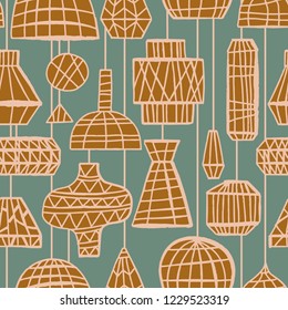 The seamless colorful eco pattern with wicker chandeliers. Hand drawn overlapping background for your design.Textile, blog decoration, banner, poster, wrapping paper.