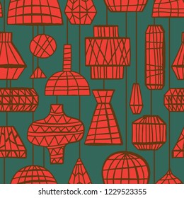 The seamless colorful eco pattern with wicker chandeliers. Hand drawn overlapping background for your design.Textile, blog decoration, banner, poster, wrapping paper.