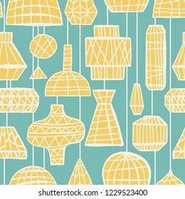 The seamless colorful eco pattern with wicker chandeliers. Hand drawn overlapping background for your design.Textile, blog decoration, banner, poster, wrapping paper.