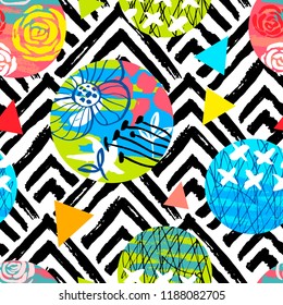 Seamless colorful ethnic brush stroke pattern. Tropical leafs flowers geometric wavy lines abstract background design. Hand drawn vector illustration