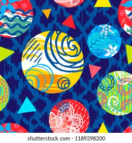 Seamless colorful ethnic brush stroke pattern. Tropical leafs flowers geometric triangles circles wavy lines abstract background design. Hand drawn vector illustration