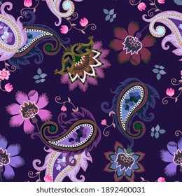 Seamless colorful ethnic pattern with magic flowers, paisley and leaves on dark blue background. Russian, indian, persian motifs.