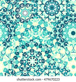 Seamless colorful ethnic pattern with mandalas in oriental style. Round doilies with blue, yellow, green curls and swirls weaving in arabesque traditional lace ornament. Vector illustration