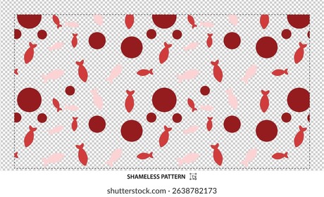 Seamless colorful fish and dots pattern with red and pink elements on transparent background