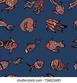 Seamless colorful fish pattern isolated in dark blue background