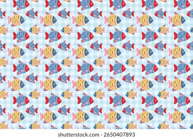 Seamless colorful fish pattern with swatch template in swatches panel, cute yellow blue marine vector design on light gingham background