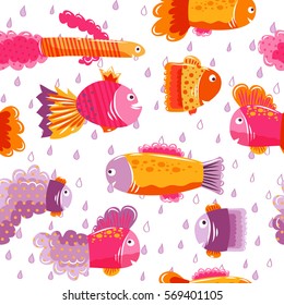 Seamless colorful fishes pattern. Rain drops background