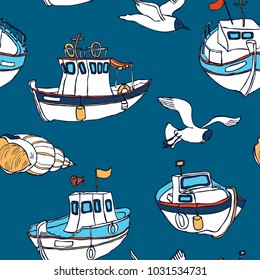Seamless colorful fishing boat pattern in vector