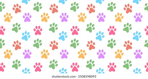 Seamless colorful flat dog paw pet lovers background or pattern design.