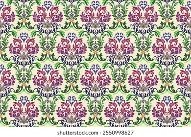 Patrón arabesco floral colorido sin costuras en motivos de estilo damasco Impresión de cubierta de envoltura adecuada para Fondo de pantalla, cortina, tela, azulejos, manta y diseño de tela Archivar de ilustración aislado Archivos EPS.