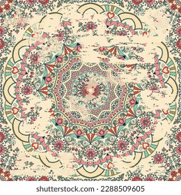 Seamless colorful floral hand drawn pattern with an effect of attrition. Circle ornament in retro colors. Traditional Oriental pattern, vector illustration.