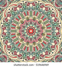 Seamless colorful floral hand drawn pattern with mandala. Circle ornament in retro colors. Traditional Oriental pattern, vector illustration.