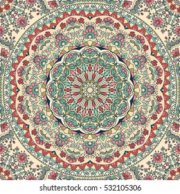 Seamless colorful floral hand drawn pattern with mandala. Round ornament in retro colors. Traditional Oriental pattern, vector illustration