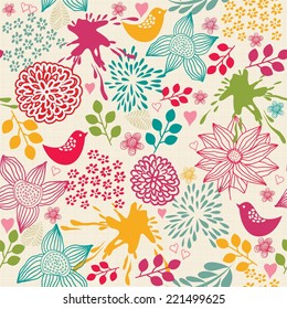 seamless colorful floral pattern with birds 