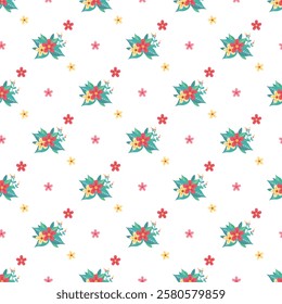 A seamless and colorful floral pattern with bright flowers and leaves arranged on a white background. Ideal for textiles, wallpapers, or packaging designs showcasing cheerful and vibrant aesthetics.