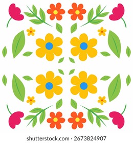 Nahtloses buntes Blumenmuster mit hellgelben, roten und rosafarbenen Blumen und grünen Blättern auf weißem Hintergrund