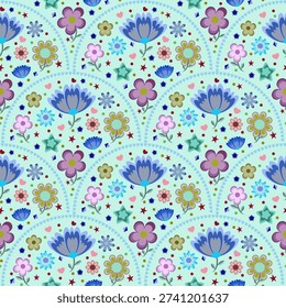 Seamless colorful floral pattern with cute butterflies and hearts in a vintage spring style for wallpaper or textile design