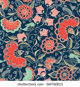 seamless colorful floral pattern in doodle style with flowers. leaves and birds