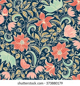 seamless colorful floral pattern in doodle style with flowers. leaves and butterflies