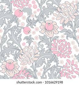 Seamless colorful floral pattern in folk style with flowers, leaves. Hand drawn pattern. Vector illustration