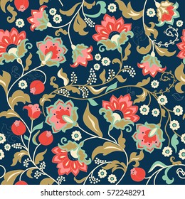 Seamless colorful floral pattern in folk style with flowers, leaves. Hand drawn. Vector illustration.