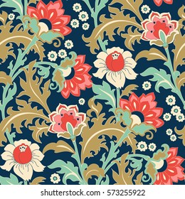 Seamless Colorful Floral Pattern In Folk Style With Flowers, Leaves.. Hand Drawn. Vector Illustration.