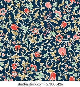 Seamless colorful floral pattern in folk style with flowers, leaves.. Hand drawn. Vector illustration.