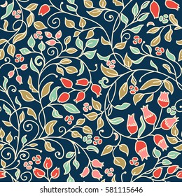 Seamless colorful floral pattern in folk style with flowers, leaves.. Hand drawn. Vector illustration