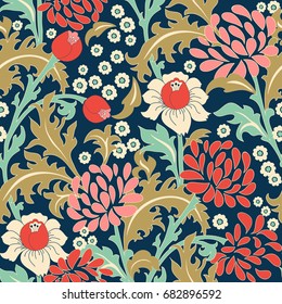 Seamless colorful floral pattern in folk style with flowers, leaves. Hand drawn. Vector illustration