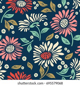 Seamless colorful floral pattern in folk style with flowers, leaves. Hand drawn. Vector illustration