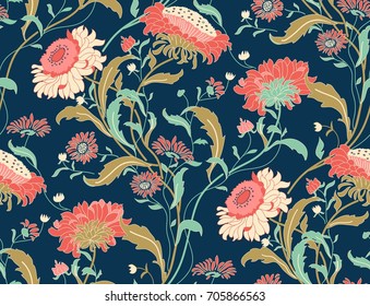 Padrão floral colorido sem costura em estilo popular com flores, folhas. Papel de parede vintage. Desenhado à mão. Ilustração vetorial