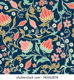 Seamless colorful floral pattern in folk style with flowers, leaves. Hand drawn. Vector illustration