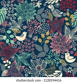 Patrón floral de colores sin inconfundibles. Dibujado a mano. Ilustración vectorial. El adorno florido se puede usar para papel pintado, papel envolvente, textil, invitación, tarjeta de saludo, impresión, fondo de página web.