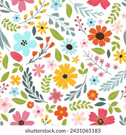 Patrón floral colorido sin costuras. Flores dibujadas a mano, hierbas, hojas, ramas, bayas, tulipán. Elementos de vector planos lindos simples. Diseño para textil, cubierta, papel pintado, envoltura.