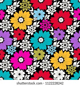 Seamless colorful floral pattern on black background