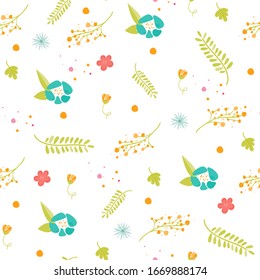Seamless colorful floral pattern on white background. Ideal for use as a print on fabrics, clothes, dresses, wallpapers, invitations, wrapping paper, postcards and more