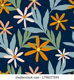 Seamless colorful floral pattern on dark background. 