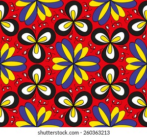 Seamless colorful floral pattern on a red  background